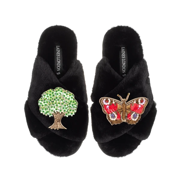 Laines London Classic Laines Slippers With Butterfly & Oak Tree Brooches