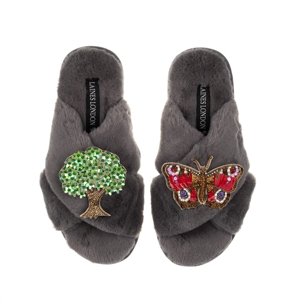 Laines London Classic Laines Slippers With Butterfly & Oak Tree Brooches