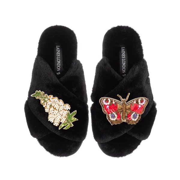 Laines London Classic Laines Slippers With Butterfly & White Foxglove Flowers Brooches