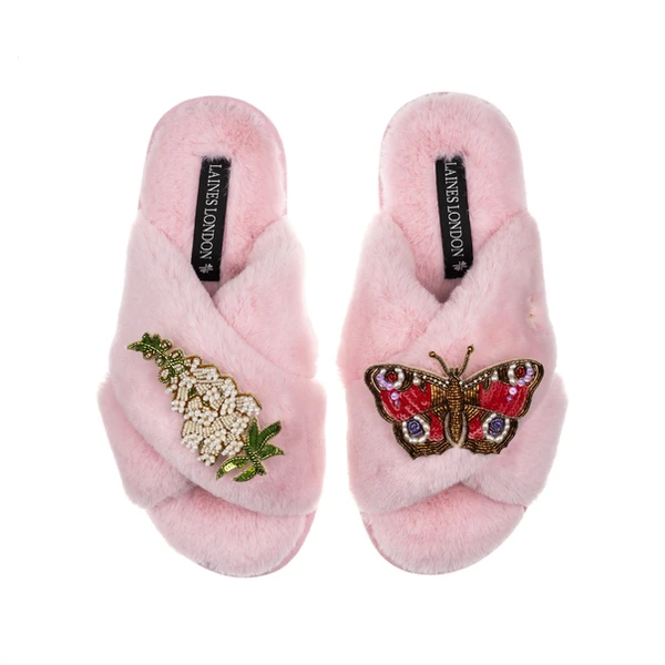 Laines London Classic Laines Slippers With Butterfly & White Foxglove Flowers Brooches