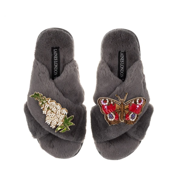 Laines London Classic Laines Slippers With Butterfly & White Foxglove Flowers Brooches