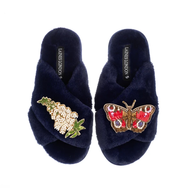 laines london Classic Laines Slippers With Butterfly & White Foxglove Flowers Brooches
