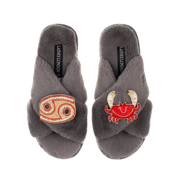 Laines London Classic Laines Slippers With Cancer Star Sign Brooches