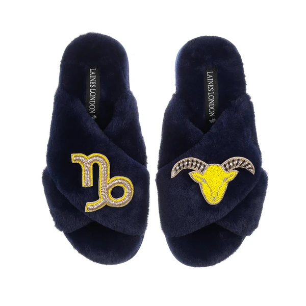 Laines London Classic Laines Slippers With Capricorn Star Sign Brooches