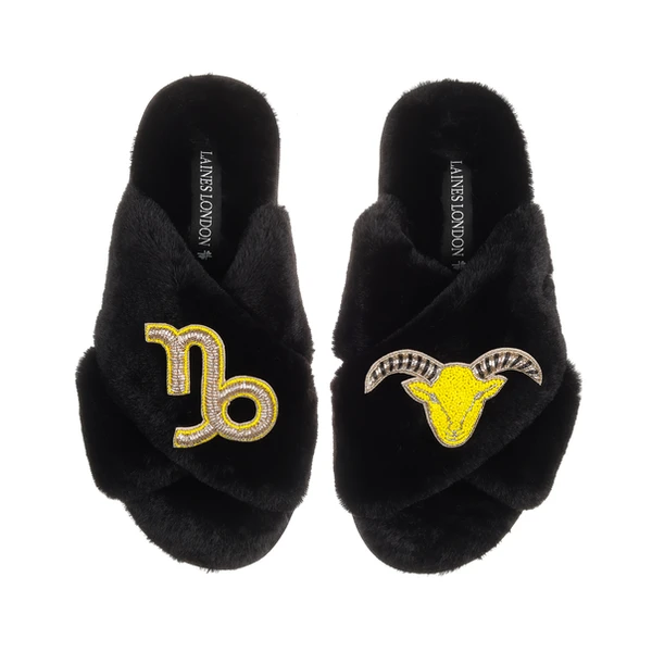 Laines London Classic Laines Slippers With Capricorn Star Sign Brooches