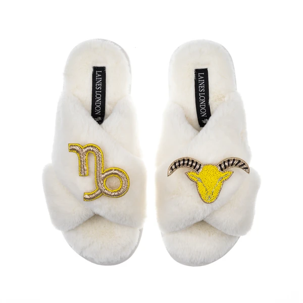 laines london Classic Laines Slippers With Capricorn Star Sign Brooches