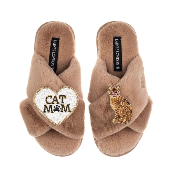 Laines London Classic Laines Slippers With Cat Mum/Mom & Bengal Cat Brooches