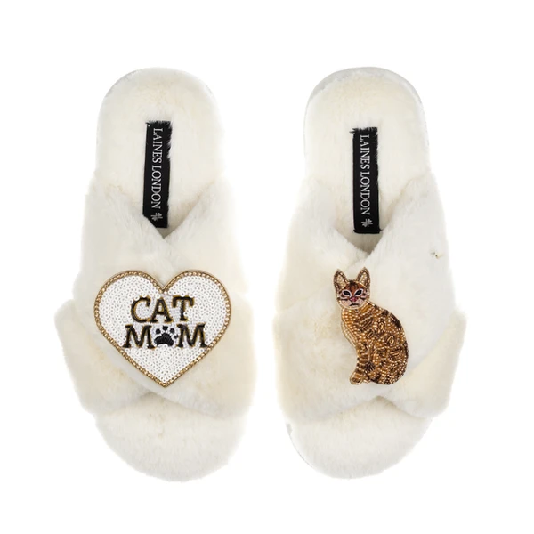 Laines London Classic Laines Slippers With Cat Mum/Mom & Bengal Cat Brooches