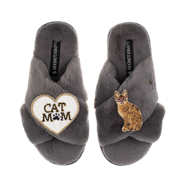 Laines London Classic Laines Slippers With Cat Mum/Mom & Bengal Cat Brooches