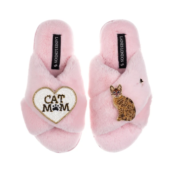 laines london Classic Laines Slippers With Cat Mum/Mom & Bengal Cat Brooches