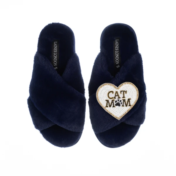 Laines London Classic Laines Slippers With Cat Mum/Mom Brooch