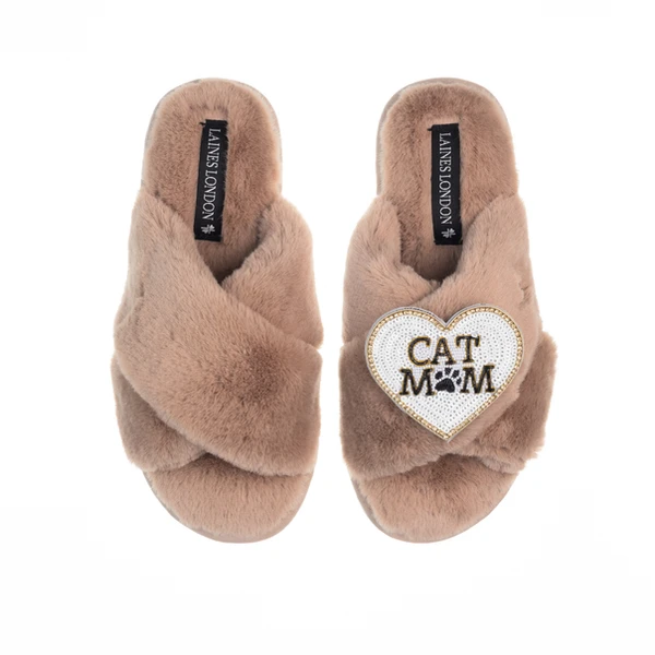 Laines London Classic Laines Slippers With Cat Mum/Mom Brooch