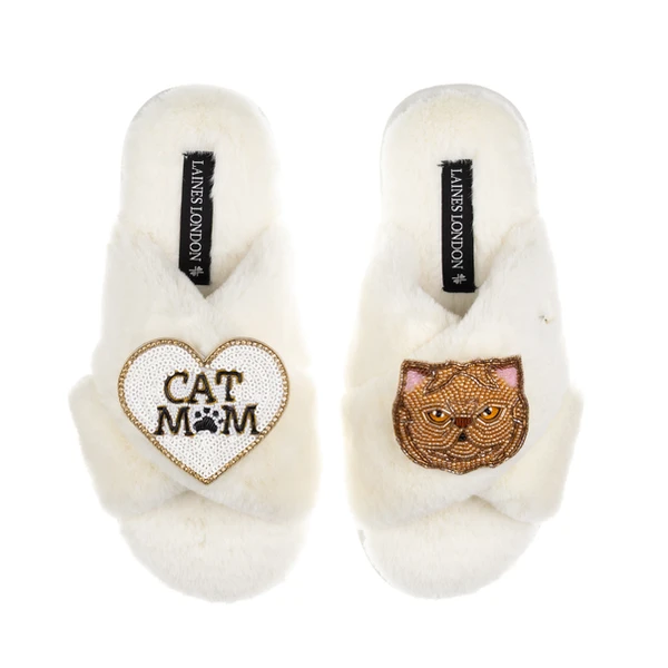 Laines London Classic Laines Slippers With Cat Mum/Mom & Ginger Persian Cat Brooches