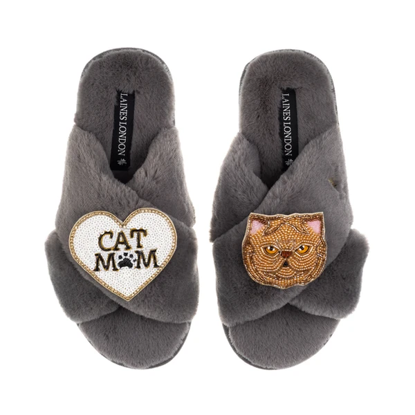 Laines London Classic Laines Slippers With Cat Mum/Mom & Ginger Persian Cat Brooches