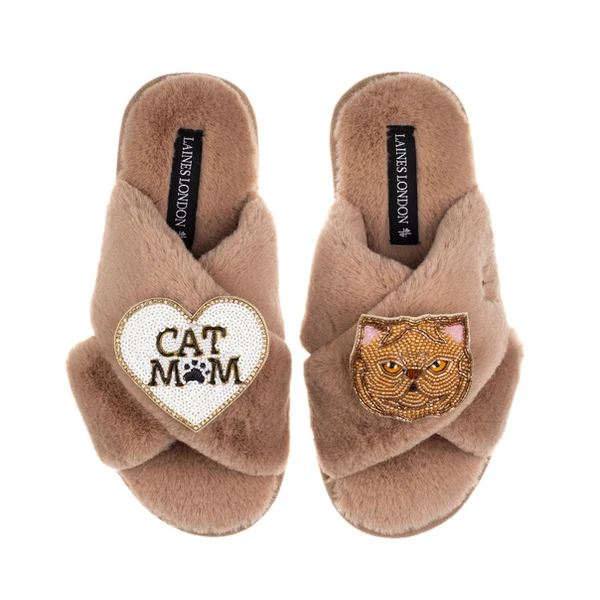 laines london Classic Laines Slippers With Cat Mum/Mom & Ginger Persian Cat Brooches