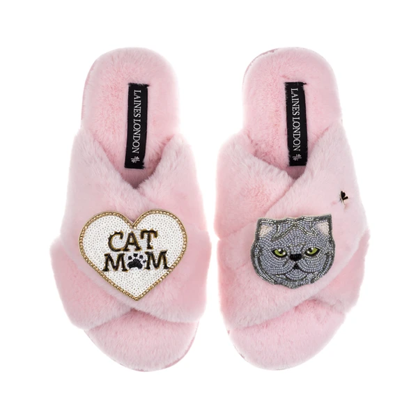 Laines London Classic Laines Slippers With Cat Mum/Mom & Grey Persian Cat Brooches