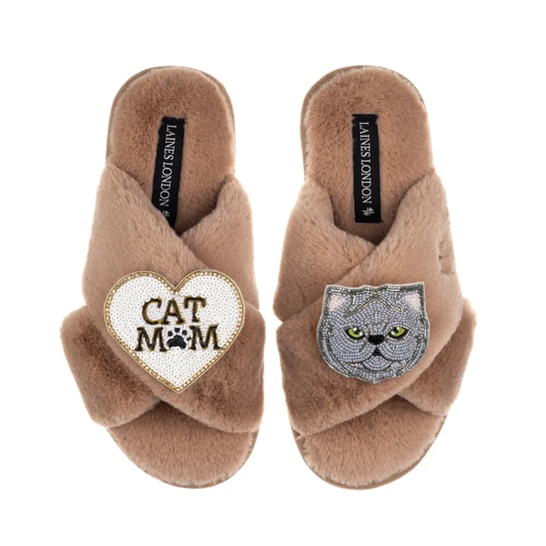 Laines London Classic Laines Slippers With Cat Mum/Mom & Grey Persian Cat Brooches