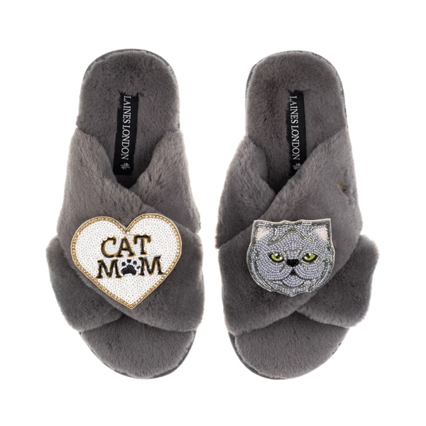 Laines London Classic Laines Slippers With Cat Mum/Mom & Grey Persian Cat Brooches