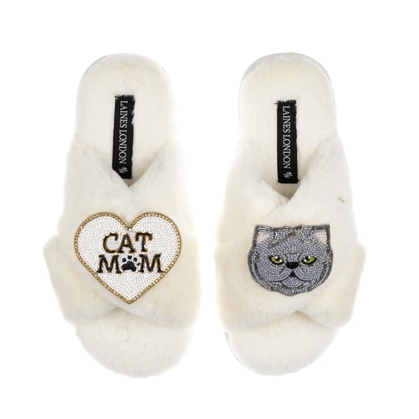 laines london Classic Laines Slippers With Cat Mum/Mom & Grey Persian Cat Brooches