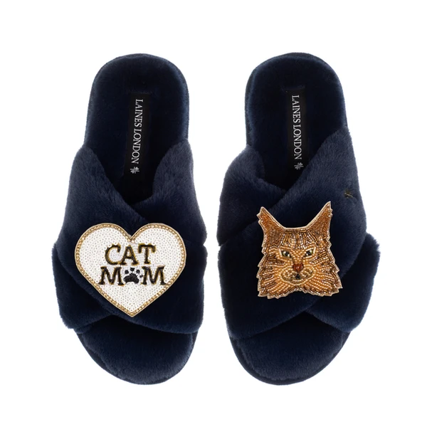 Laines London Classic Laines Slippers With Cat Mum/Mom & Maine Coon Cat Brooches