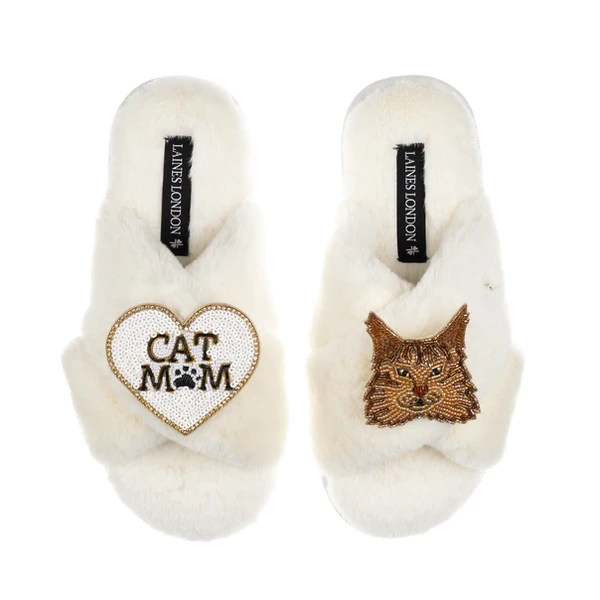 Laines London Classic Laines Slippers With Cat Mum/Mom & Maine Coon Cat Brooches