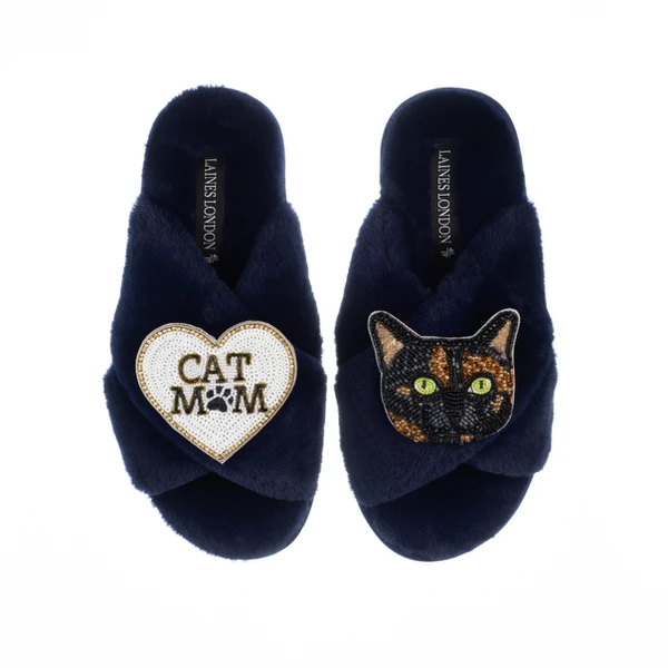 Laines London Classic Laines Slippers With Cat Mum / Mom & Misty Cat Brooches