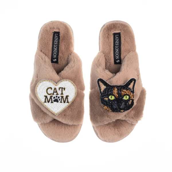 Laines London Classic Laines Slippers With Cat Mum / Mom & Misty Cat Brooches