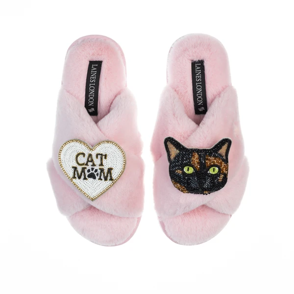 Laines London Classic Laines Slippers With Cat Mum / Mom & Misty Cat Brooches