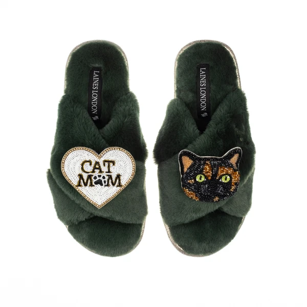 laines london Classic Laines Slippers With Cat Mum / Mom & Misty Cat Brooches