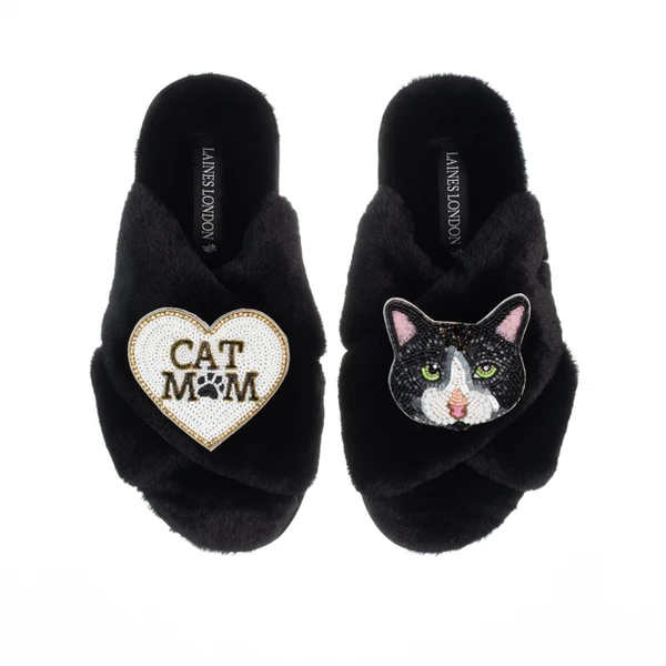Laines London Classic Laines Slippers With Cat Mum / Mom & Oreo Cat Brooches