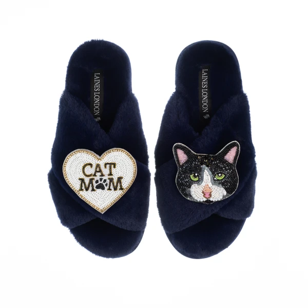 Laines London Classic Laines Slippers With Cat Mum / Mom & Oreo Cat Brooches