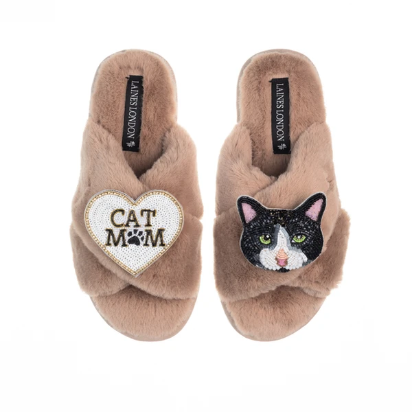 Laines London Classic Laines Slippers With Cat Mum / Mom & Oreo Cat Brooches