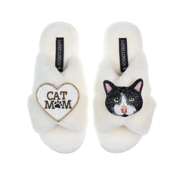 laines london Classic Laines Slippers With Cat Mum / Mom & Oreo Cat Brooches