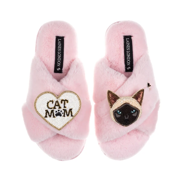 Laines London Classic Laines Slippers With Cat Mum / Mom & Siamese Cat Brooches