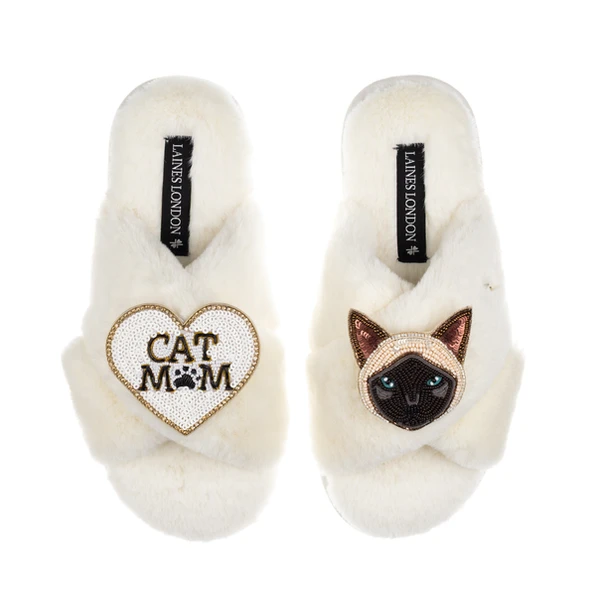 Laines London Classic Laines Slippers With Cat Mum / Mom & Siamese Cat Brooches