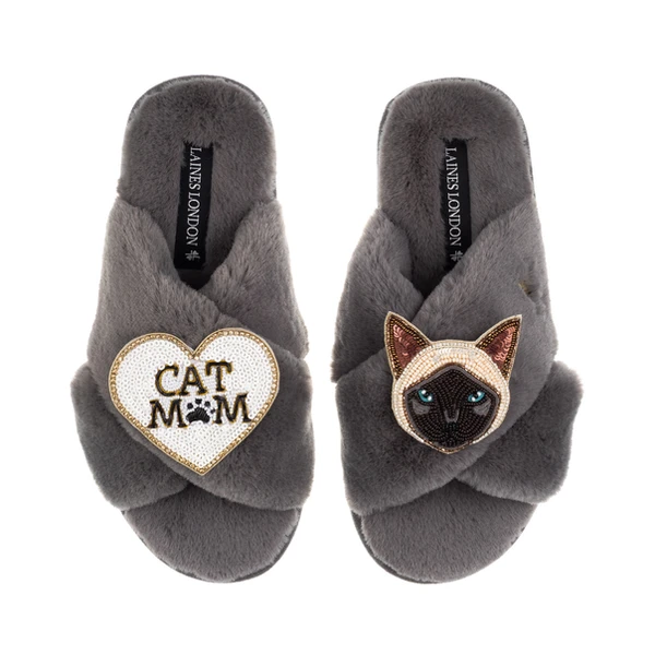 Laines London Classic Laines Slippers With Cat Mum / Mom & Siamese Cat Brooches