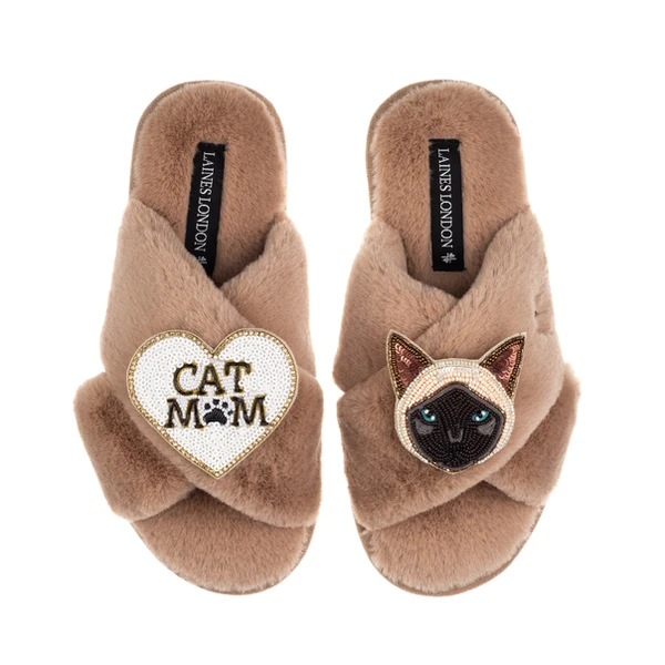laines london Classic Laines Slippers With Cat Mum / Mom & Siamese Cat Brooches