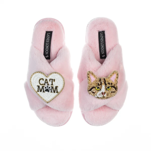 Laines London Classic Laines Slippers With Cat Mum / Mom & Tabby Cat Brooches