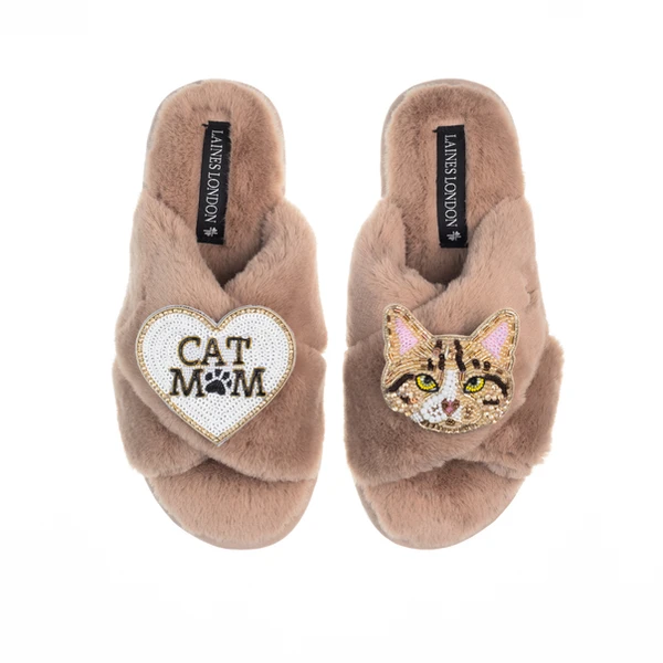 Laines London Classic Laines Slippers With Cat Mum / Mom & Tabby Cat Brooches