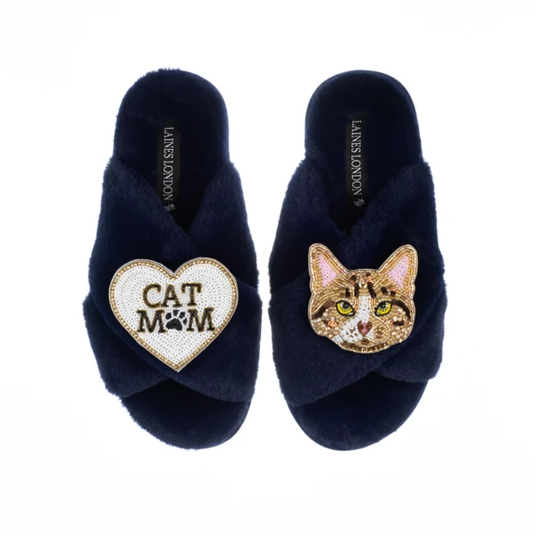 Laines London Classic Laines Slippers With Cat Mum / Mom & Tabby Cat Brooches