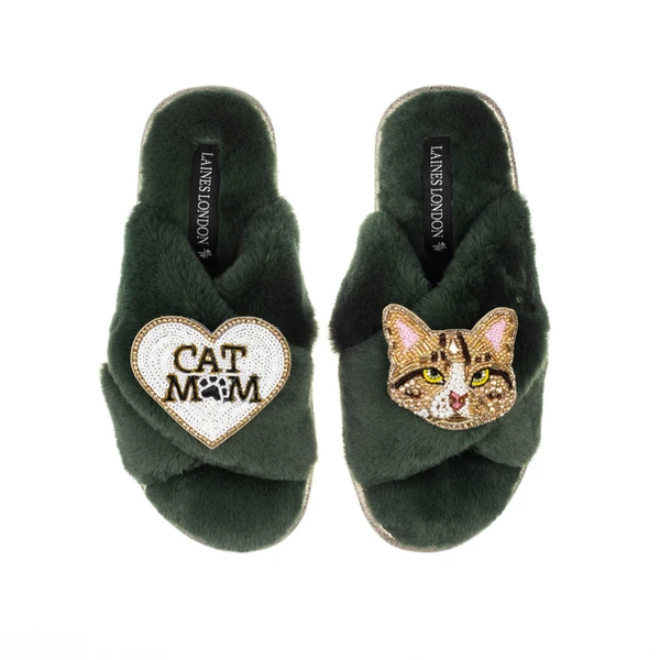 laines london Classic Laines Slippers With Cat Mum / Mom & Tabby Cat Brooches
