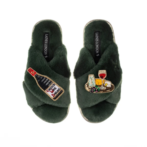 Laines London Classic Laines Slippers With Cheese & Red Wine Brooches