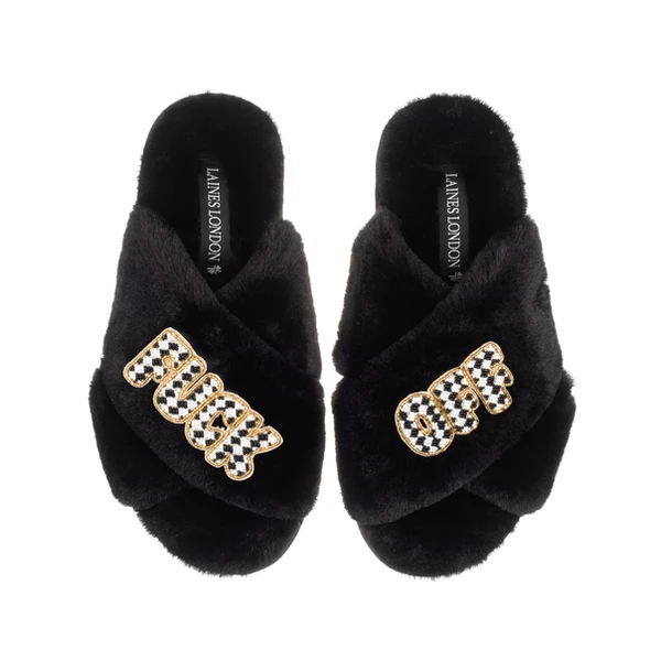 Laines London Classic Laines Slippers With Chequered Fuck Off Brooches