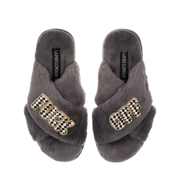Laines London Classic Laines Slippers With Chequered Fuck Off Brooches