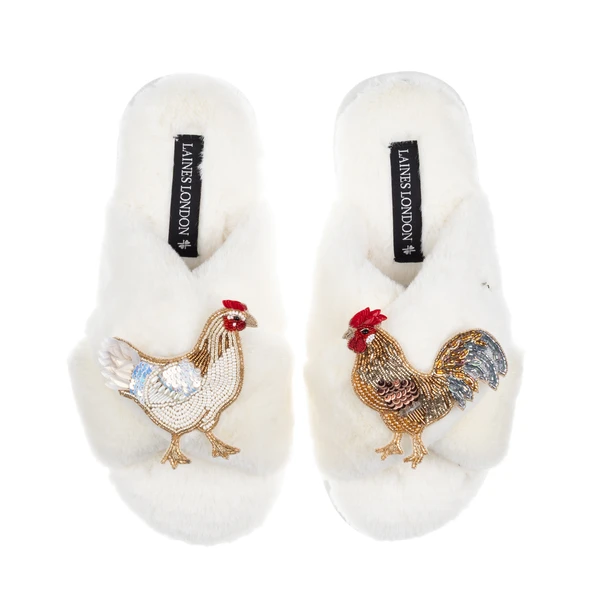 Laines London Classic Laines Slippers With Chicken & Rooster Brooches