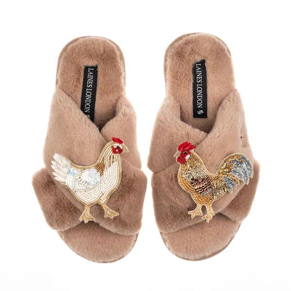 Laines London Classic Laines Slippers With Chicken & Rooster Brooches
