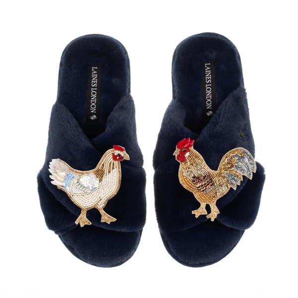 Laines London Classic Laines Slippers With Chicken & Rooster Brooches