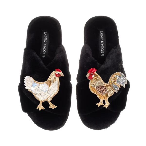 laines london Classic Laines Slippers With Chicken & Rooster Brooches laines london Classic Laines Slippers With Chicken & Rooster Brooches