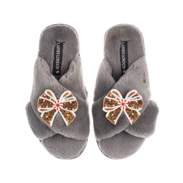 laines London Classic Laines Slippers With Christmas Gingerbread Bows Brooches