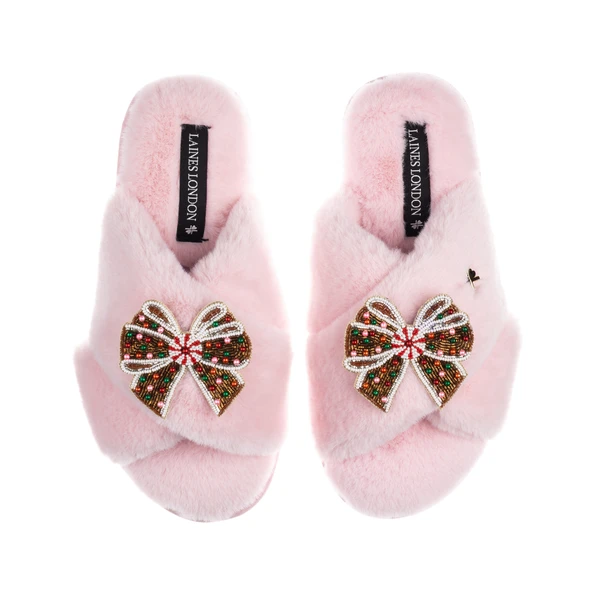 laines London Classic Laines Slippers With Christmas Gingerbread Bows Brooches
